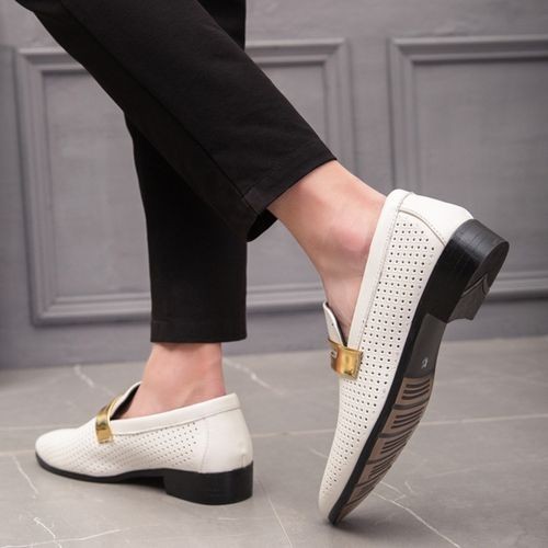 Men's Casual Oxfords Hollow Out Pu Leather Loafers Breathable Shoes Wedding Gentle White