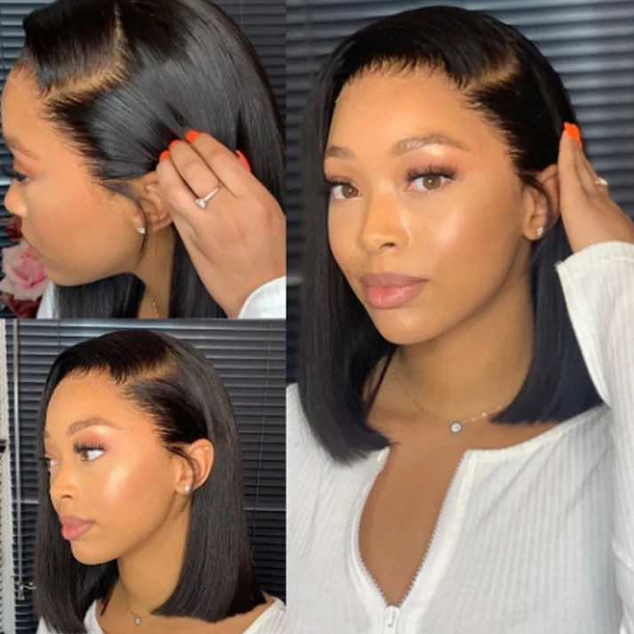 Peruvian Silky Straight 13x6 Transparent Lace Frontal Bob Wig, Natural Human Hair Wig, Color 1B Natural