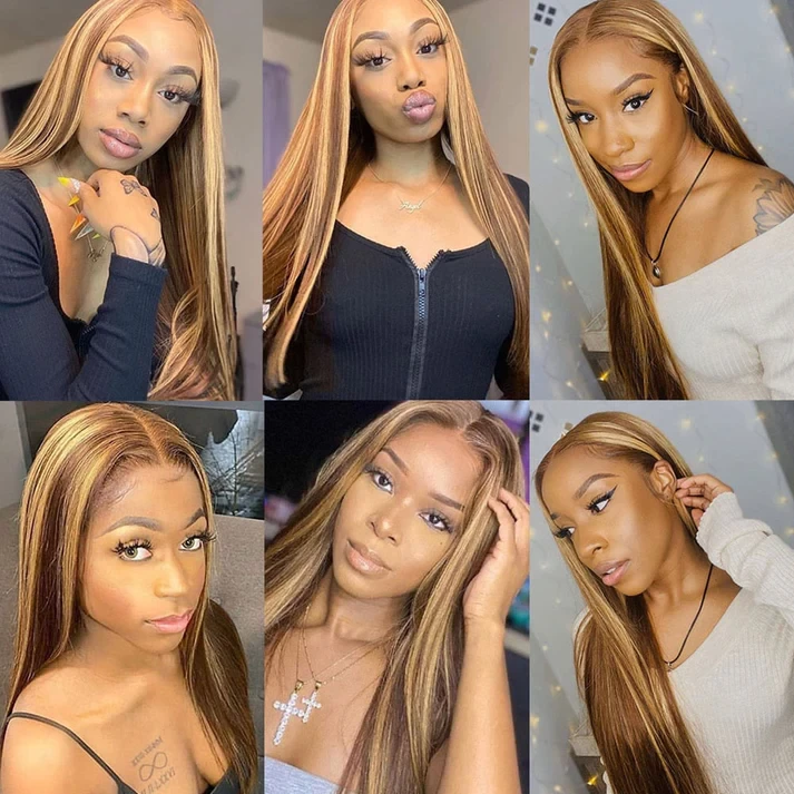 Brazilian Silky Straight Honey Blonde Highlight 13x4 HD Lace Front Human Hair Wigs