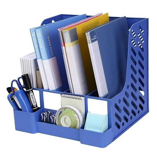 Bestow 4 Compartment Plastic File Organizer with Pen Holder for Home and Office File Organizer Blue