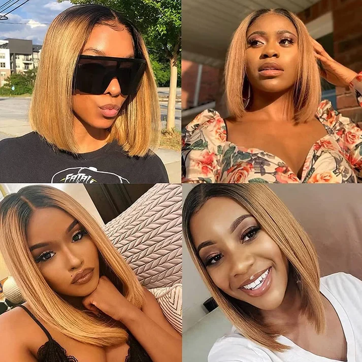 Silky Straight Honey Blonde Glueless Short Bob 13x4 HD Lace Front Human Hair Wig