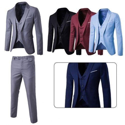 1 Set Men Suit Slim Single-breasted Korean Style Blazer Zipper Fly Pants Black