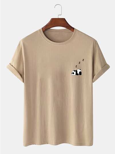 Mens 100% Cotton Solid Color Panda Print Thin Casual T-Shirt