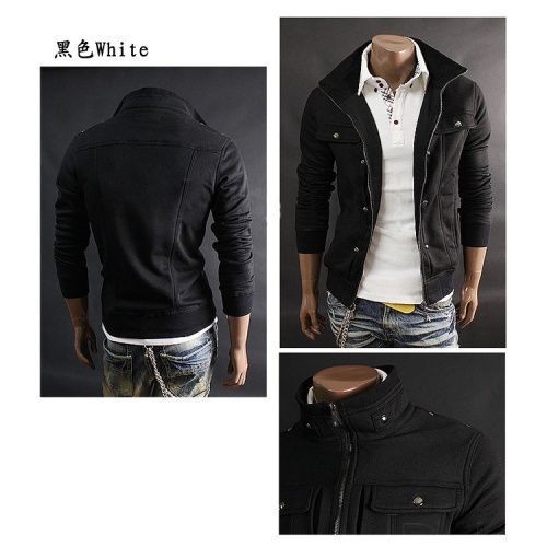 Standing Neck Zipper Men's Coat Slim Fit Cardigan Short Brushed Sweater - Black