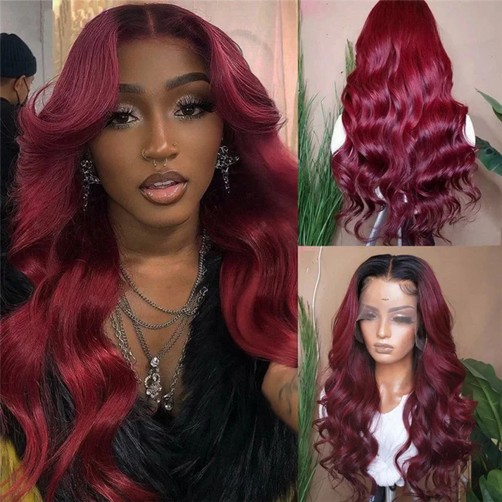 Brazilian Body Wave Human Hair Wig, 13x6 Frontal, Transparent Lace Front Wig, Color 99J