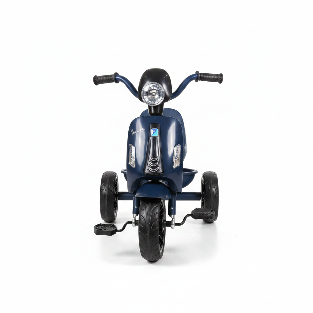 Kids Vespa-Style Scooter Tricycle | Headlight | Backrest Seat | Pedals - Navy Blue