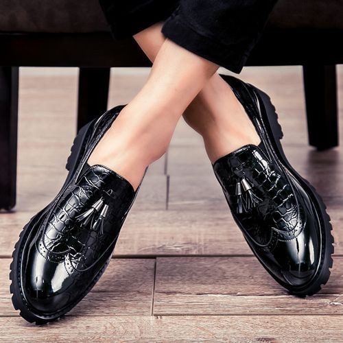 Men Glossy Tassel Brogue Leather Shoes Loafers & Slip-ons Formal Corporate Black