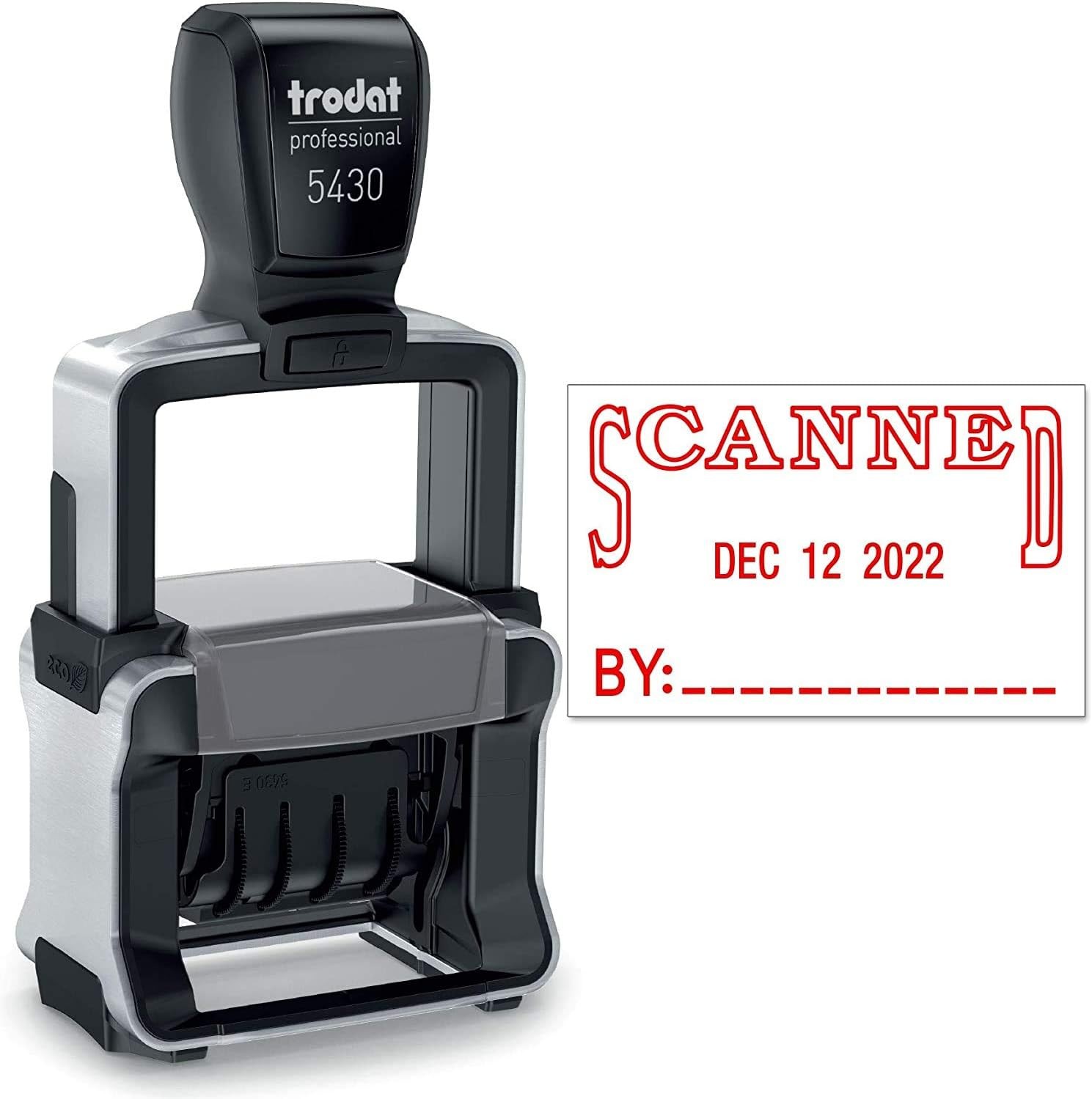 Trodat 5430 Heavy Duty Dater, Month Day Year Format, with Interchangeable Premade Die Plates Red Date and Red Text