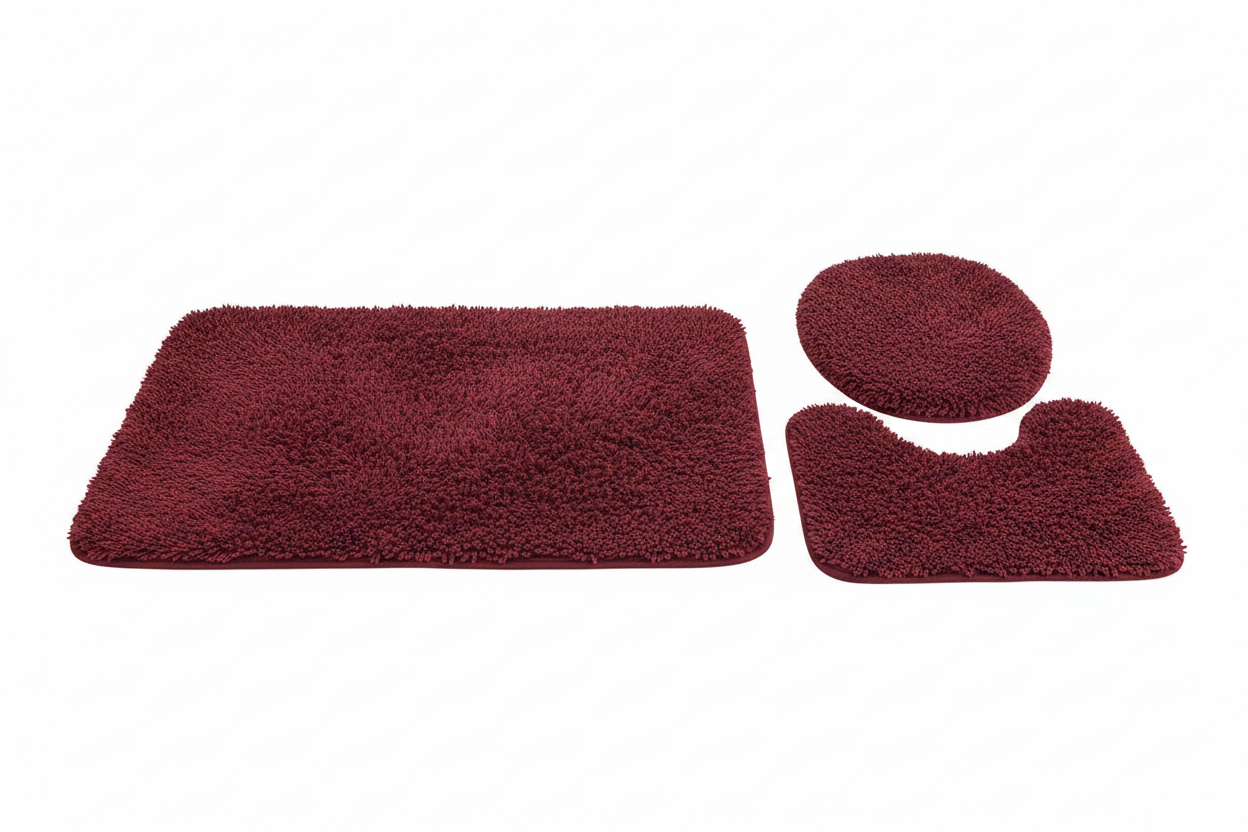 3-Piece Shaggy Bathroom Mat Set — Burgundy Red