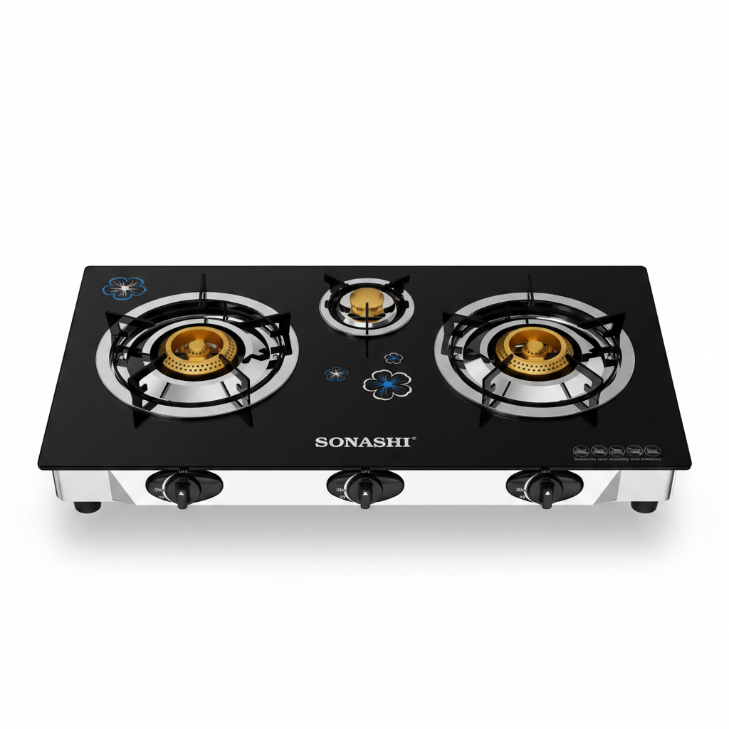 Sonashi 3 Burner Tempered Glass Gas Cooker | Brass Burners | Auto Ignition