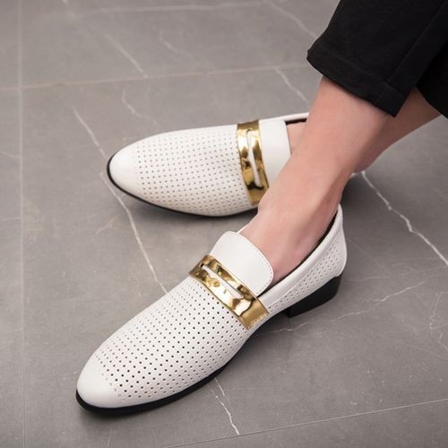Men's Casual Oxfords Hollow Out Pu Leather Loafers Breathable Shoes Wedding Gentle White