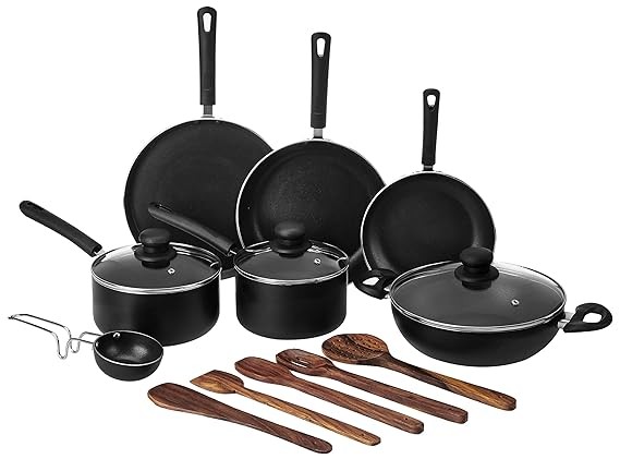 ten-piece aluminum cookware set with purple handles
