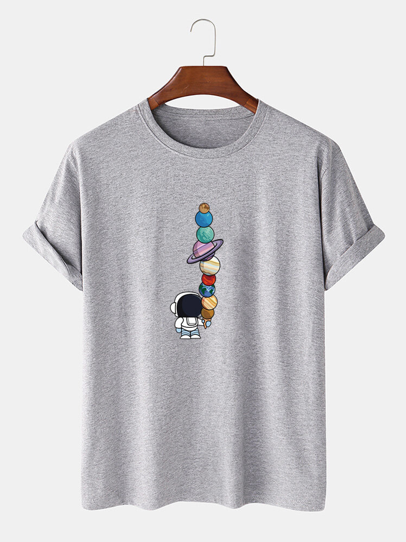 Mens 100% Cotton Solid Color Cartoon Astronaut Print Loose Thin T-Shirts