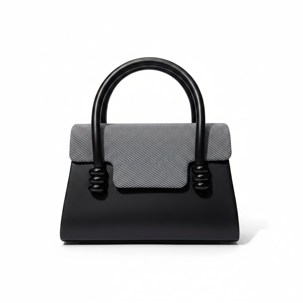 Alina Mini Top Handle Bag | Denim Tweed Flap | Tubular Arch Handle | Black Hardware | Black | Women