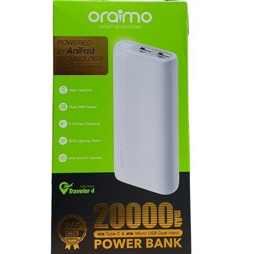 Oraimo Traveler 4 20000mAh 2.1A Triple Ports Fast Charging LED Power With Torch - White
