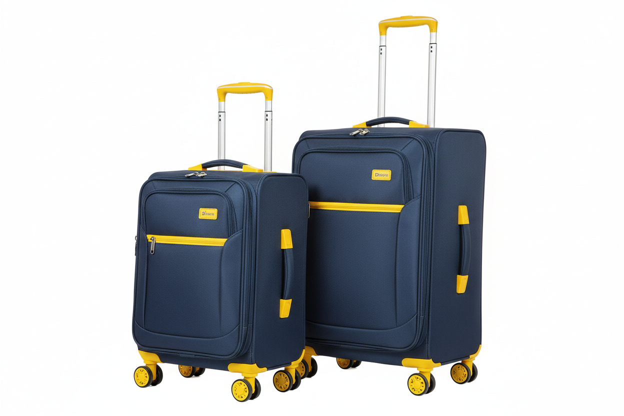 2pc Dfavors Navy Blue Soft-Shell Trolley Suitcase Set – Medium & Large – Yellow Accents