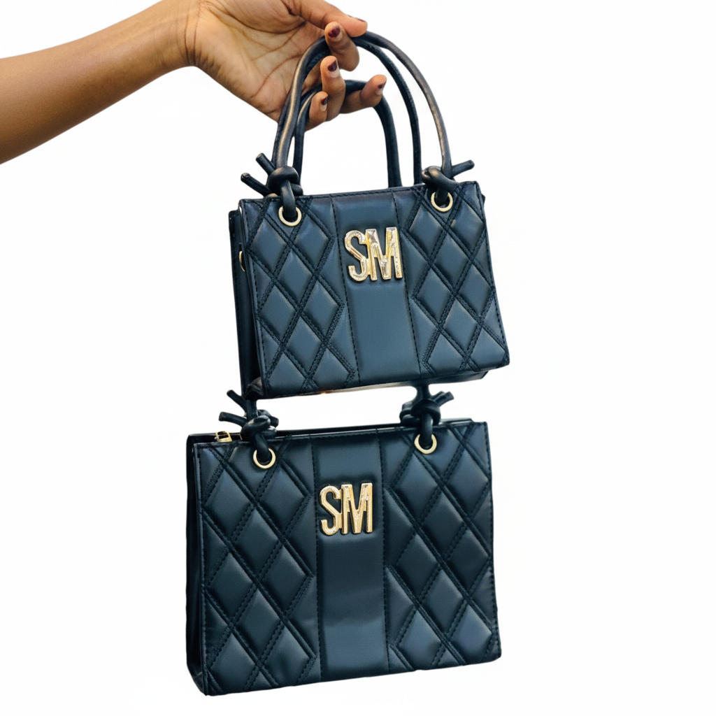 SM Quilted Tote Bag | 2-Piece Set (Small + Large) | Gold Logo | Knotted Handles - Black