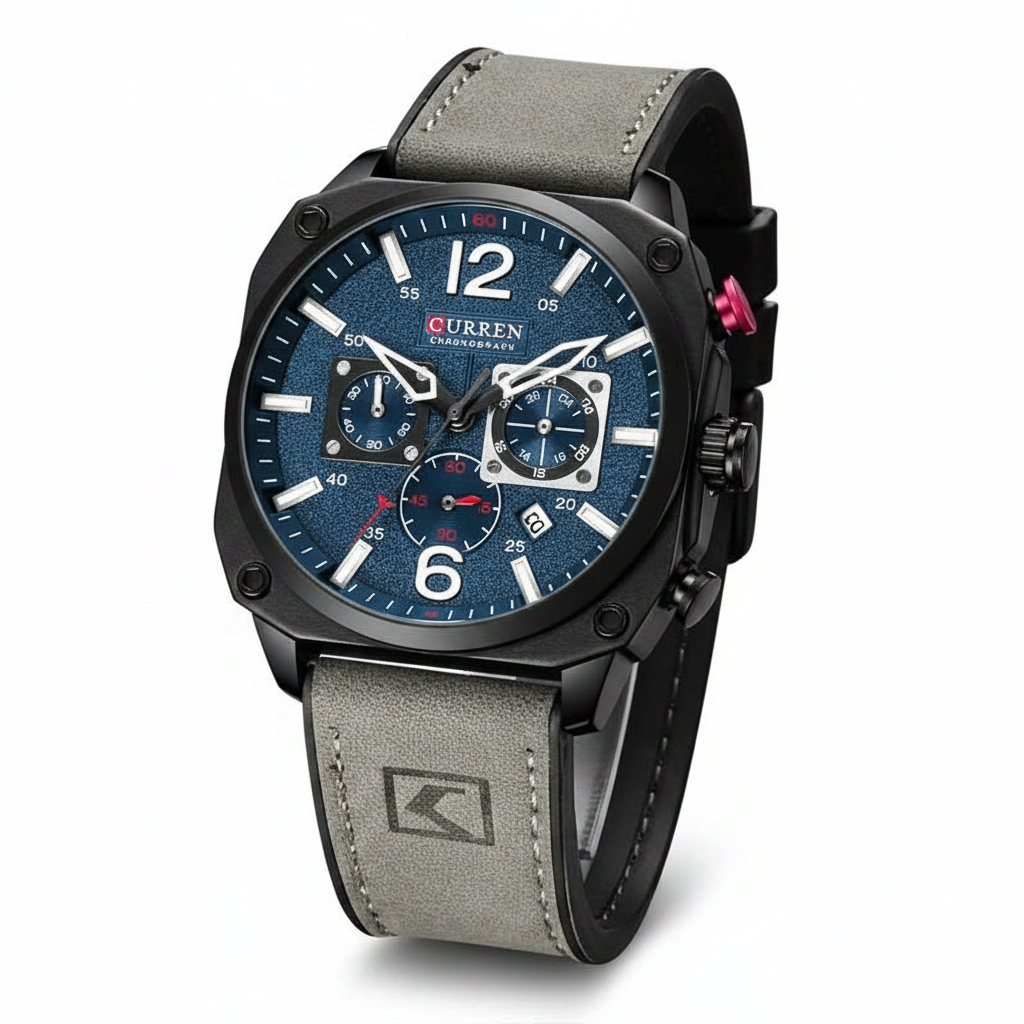 Curren Classic Men's Chronograph Watch – Black Case Blue Dial Grey Leather Strap