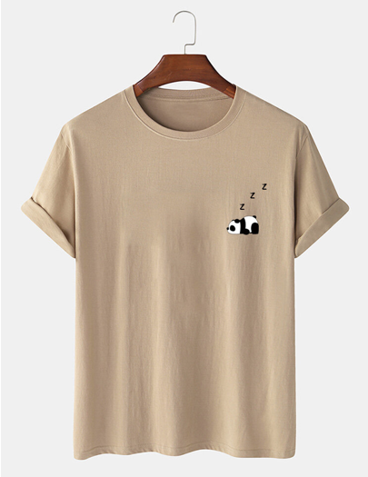 Mens 100% Cotton Solid Color Panda Print Thin Casual T-Shirt