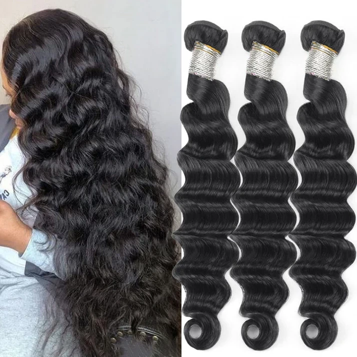 40" Virgin Remy Brazilian Loose Deep Wave Human Hair Bundle, Grade 15A, Natural 1B, 3 Bundles/Package