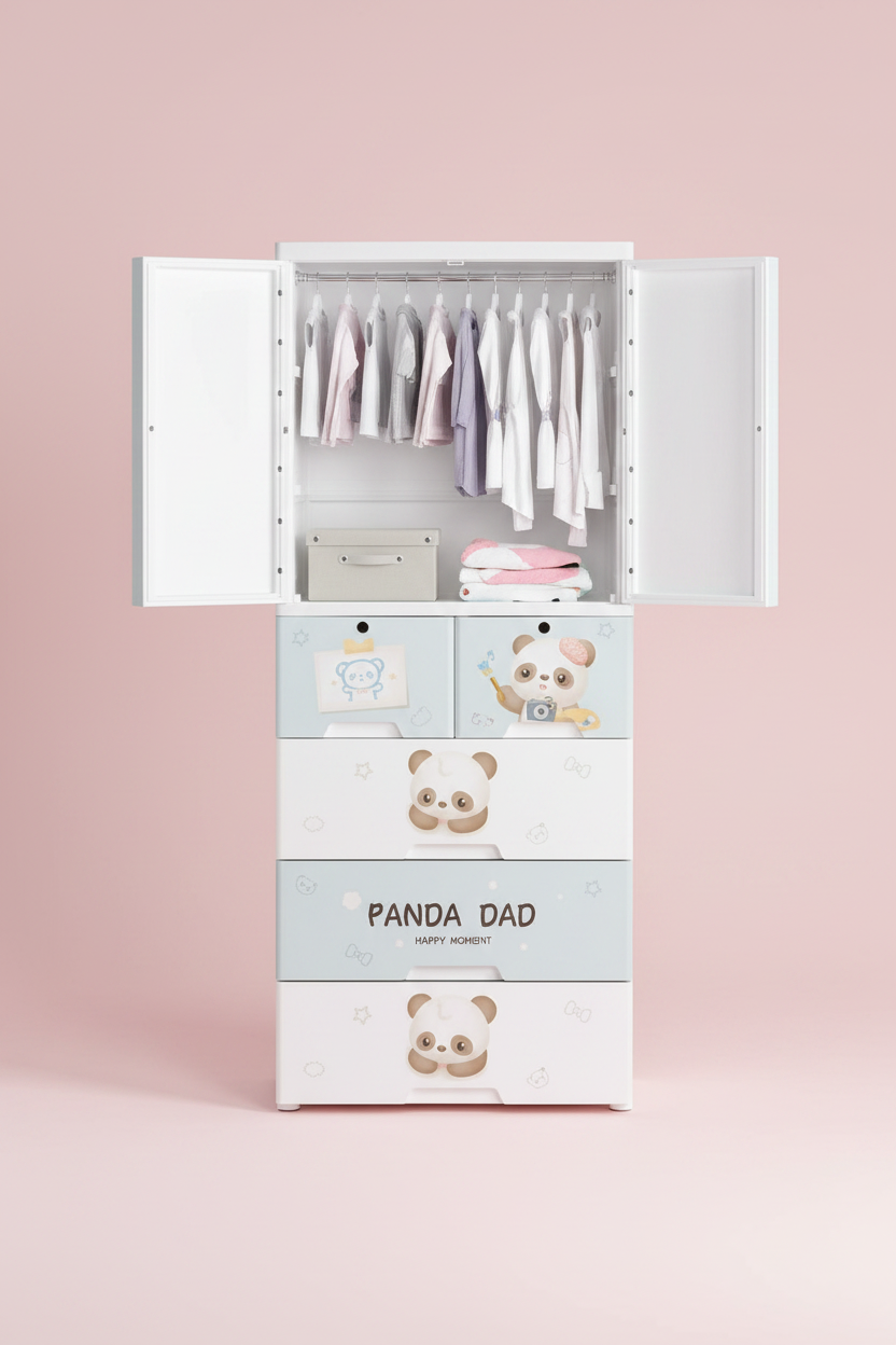 Kids Wardrobe 156CM | Hanging Rail + 4 Drawers | Cartoon Print - Panda Dad / Bear / Bunny