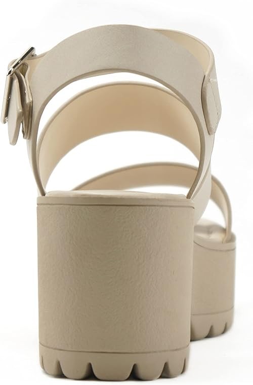 Soda ACCOUNT ~ Women Open Toe Two Bands Lug sole Fashion Block Heel Sandals with Adjustable Ankle Strap