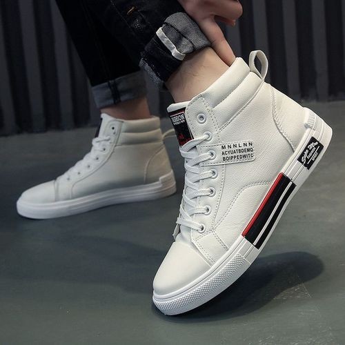 2021 Men's PU Leather Cool High-top Sneakers Shoes-white