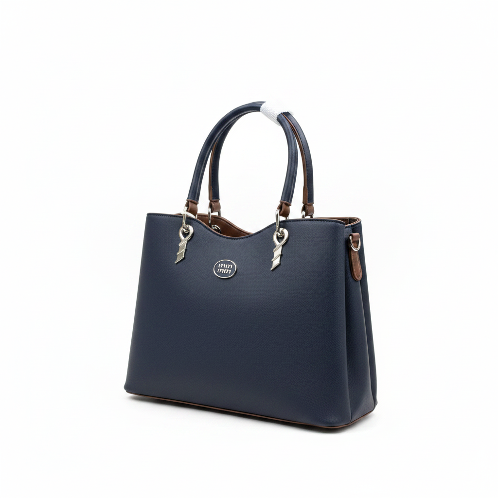 Ladies PU Leather Tote Handbag | Double Top Handles | Silver Charm | Navy Blue & Brown | Women