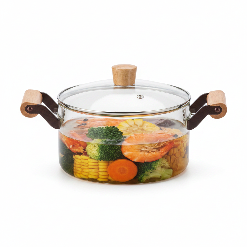 5.5L Wooden Handle Double Ear Glass Cooking Pot | High Boron Unbreakable Glass | Clear Round Pot with Lid