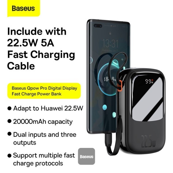BASEUS Qpow Digital Display Quick Charge Power Bank 20,000mAh 22.5w-Black