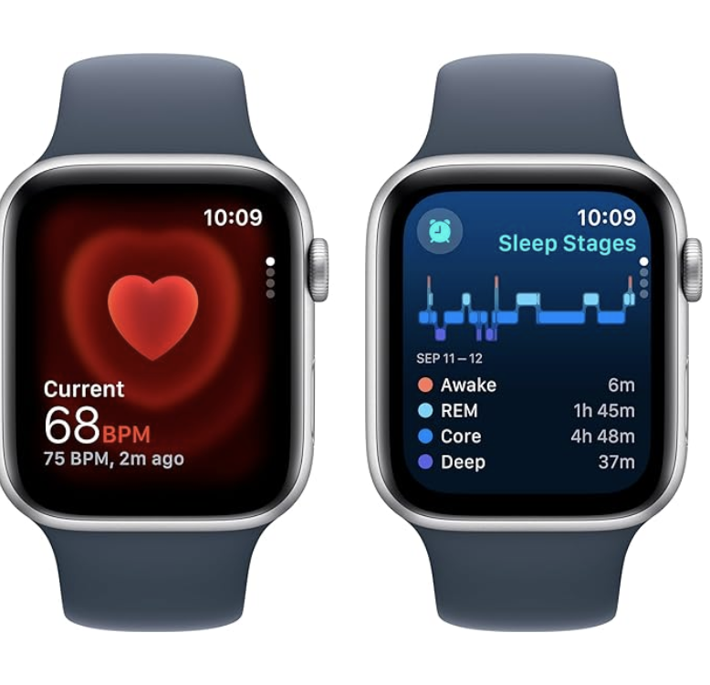 Smartwatch with Silver Aluminum Case with Storm Blue Sport Band S/M. Fitness & Sleep Tracker, Crash Detection, Heart Rate Monitor