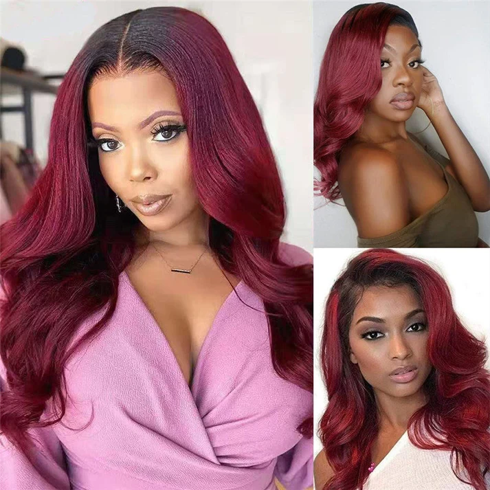 Brazilian Body Wave Human Hair Wig, 13x6 Frontal, Transparent Lace Front Wig, Color 99J