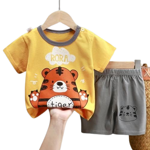 Boys Girls Baby Clothes Kids Short Sleeve Pants Set - Tiger Pattern