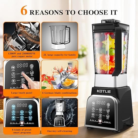 2000W Blender Smoothie Makers with 8 Preset Programs Blender 28000RPM High Speed Jug Blender,Smoothie Blender for Juices/Ice Crush/Mixing/Soup and BabyFood 2L
