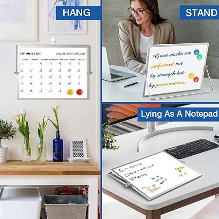 Dry Erase White Board, 16"X12" Double-Sided Magnetic Whiteboard with 10 Markers, 4 Magnets, 1 Eraser, Small White Board with Stand, White Board Easel for Kids Drawing Memo to Do List Wall School
