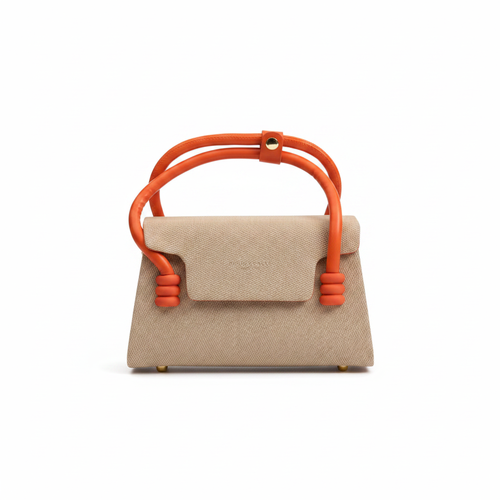 Fashion & Bags Leather Mini Top Handle Bag | Double Arch Handle | Beige Tweed | Orange Handle | Gold Hardware | Women