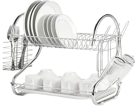 2-Tier Full Sized Multi-Functional Dish Drying Rack with Utensil Holder and Cup Holder with Dish Water Drain Board Tray Rustproof Chrome Plating Storage Space Saving Kitchen Organizer