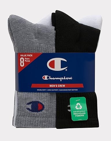 Champion Men's Double Dry Moisture Wicking Crew Socks; 6, 8, 12 Packs Available