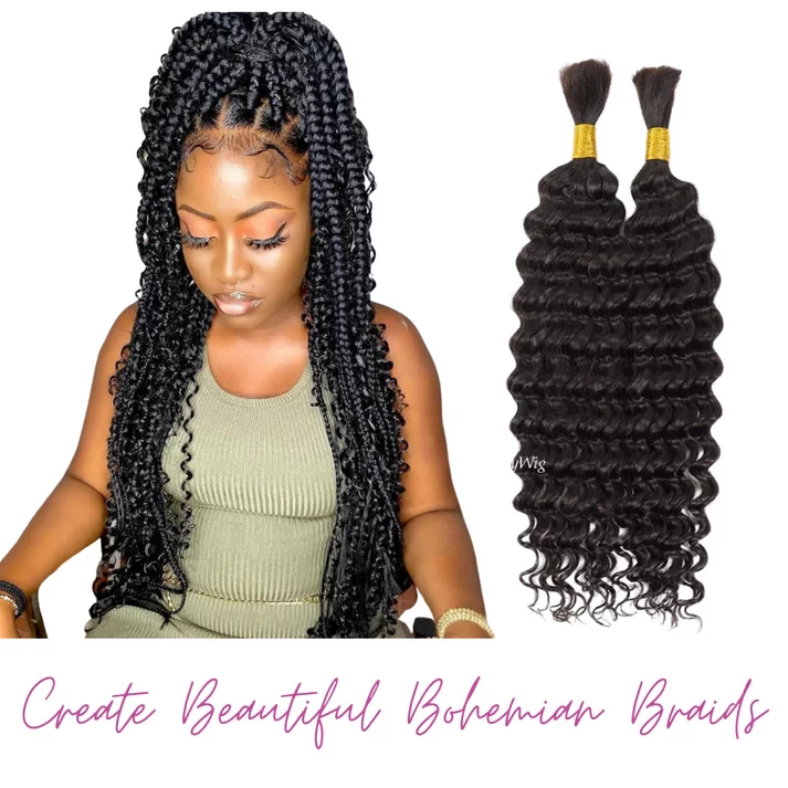 Deep Wave Water Wave Curly 100% Human Hair 3 Bundle Package, Boho Braids, Goddess Locs, Goddess Braids, Feed-In Braid Bundles
