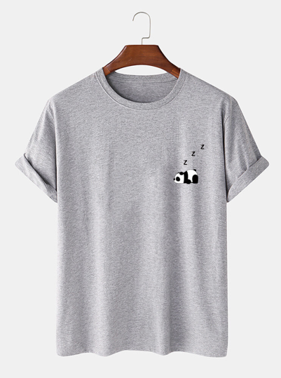 Mens 100% Cotton Solid Color Panda Print Thin Casual T-Shirt