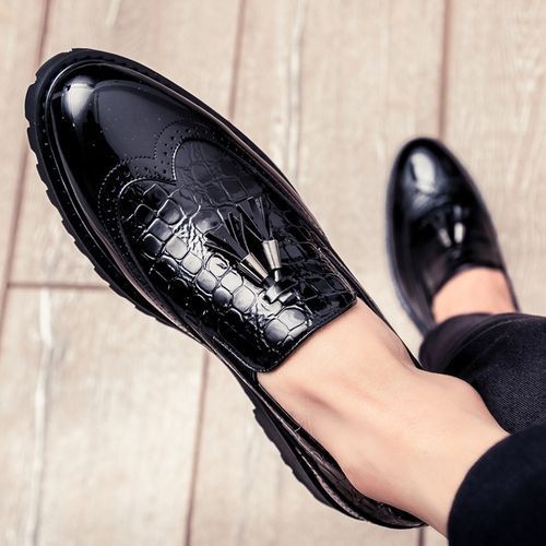 Men Glossy Tassel Brogue Leather Shoes Loafers & Slip-ons Formal Corporate Black
