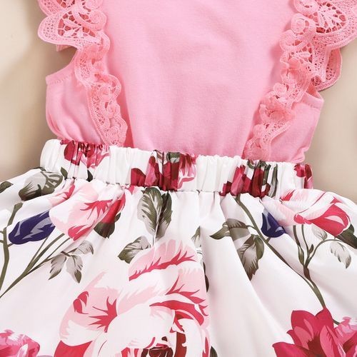 Baby Girls Sundress Rose Printing Pink Bodysuit Sleeveless Dress