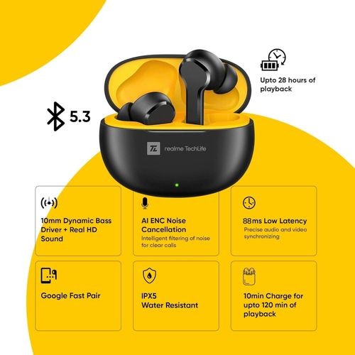 Realme TechLife Buds T100 Bluetooth Truly Wireless in Ear Earbuds with mic - Black