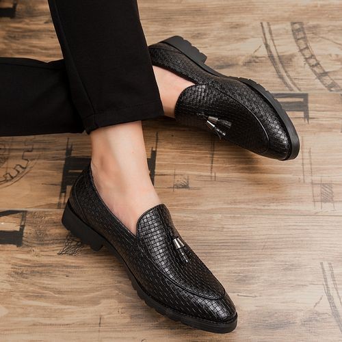Men's Italian Loafer Oxford Bright Plaid Fringed Leather Shoes Business Black