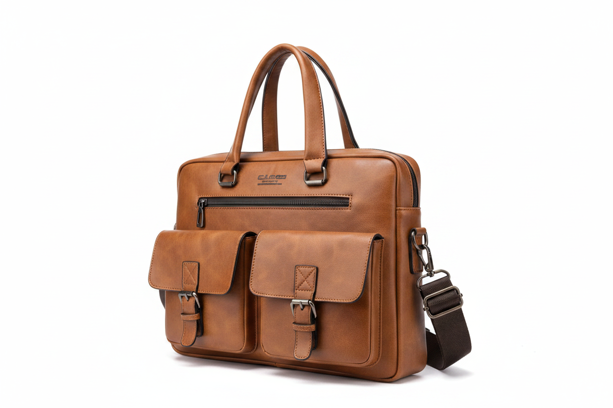 Men's Tan Leather Laptop Briefcase Bag with Dual Front Pockets