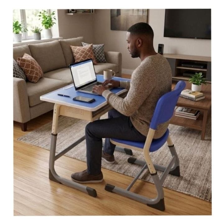 Adjustable, Classic Study Desk & Chair Set-Blue & Grey