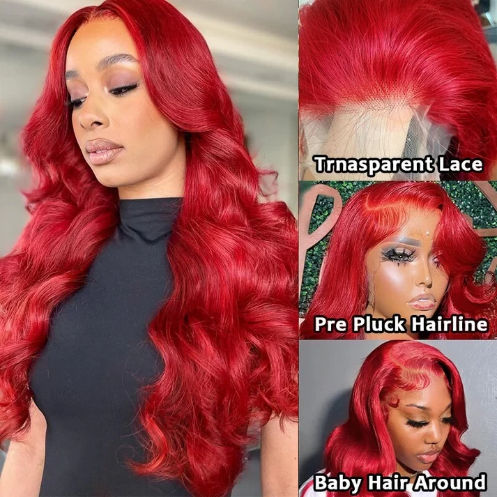 Red Brazilian Body Wave 13x6 Transparent Lace Front Virgin Human Hair Wig
