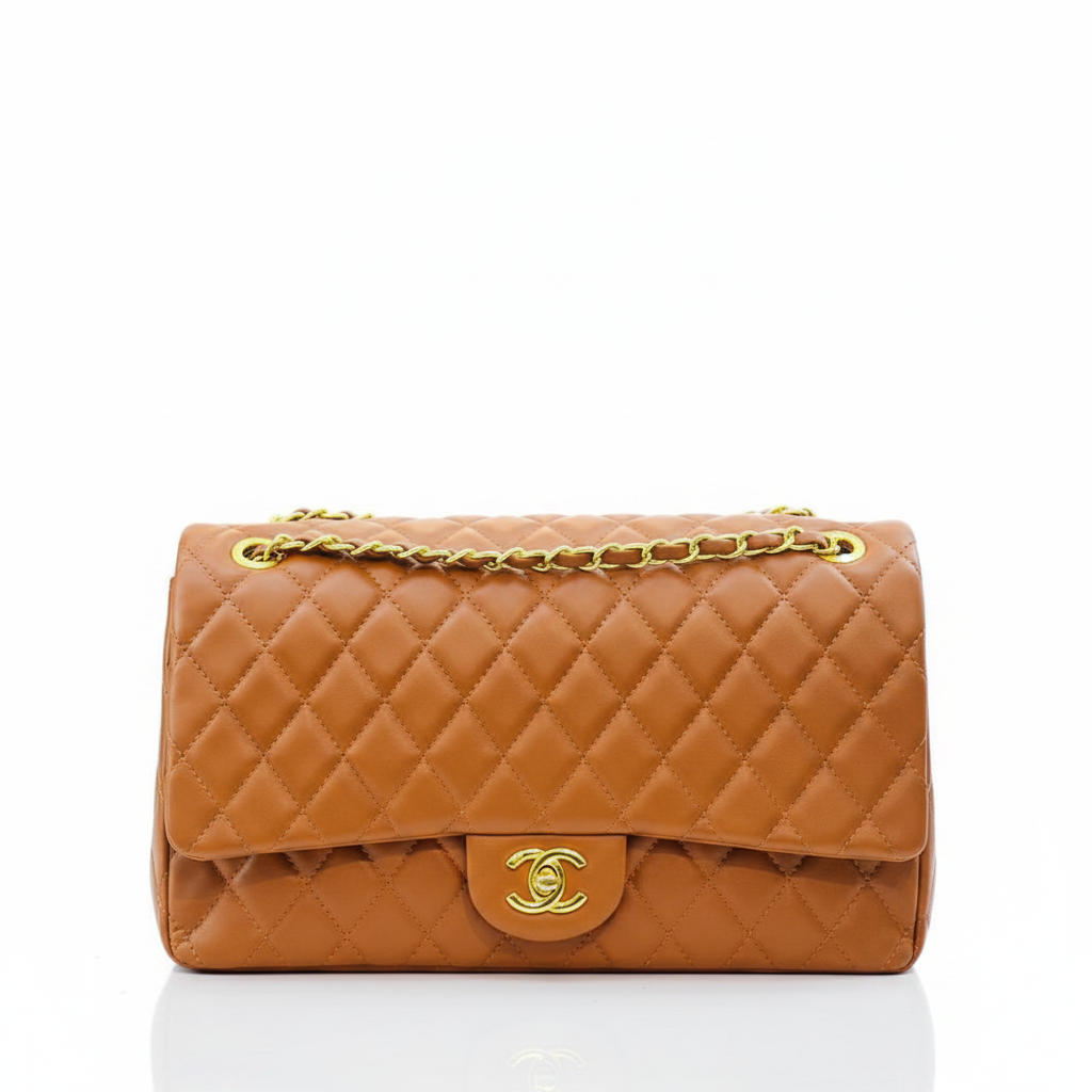 Tan Channel Big Size Double Flap Quilted Bag