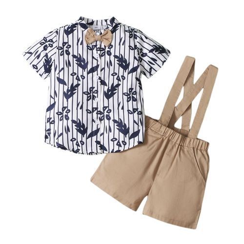 Little Gentleman Kid Boys Striped Short Sleeves Shirt With Suspender Pants