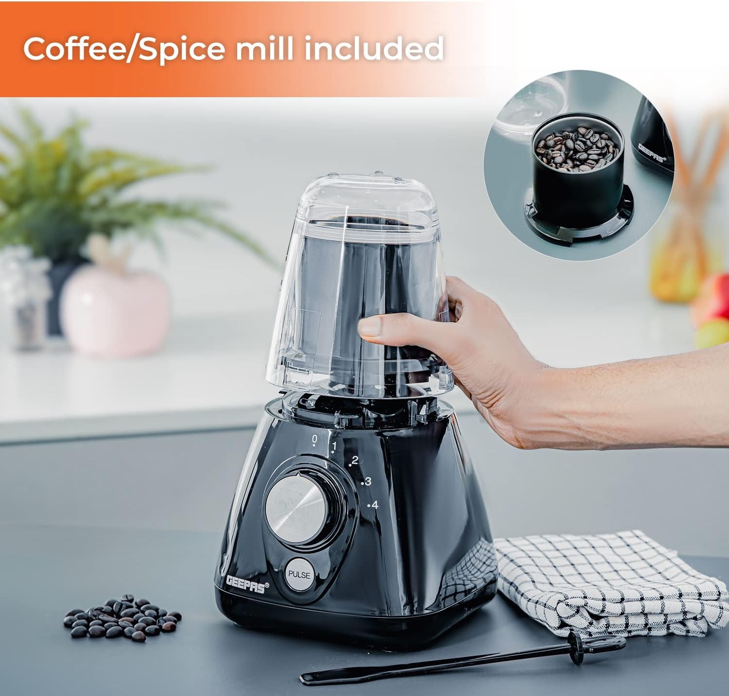 Geepas 550W 2 in 1 Food Jug Blender with 1.5L BPA Free Jar | 4 Sharp Stainless Steel Blades with 2 Speed | Ice Crusher, Mill, Coffee/Spice Grinder &...